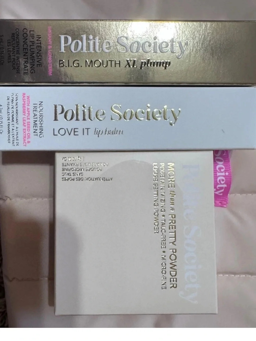 Polite Society 4pc Set: Makeup Bag, Lip Balm, XL Plumper, Powder
